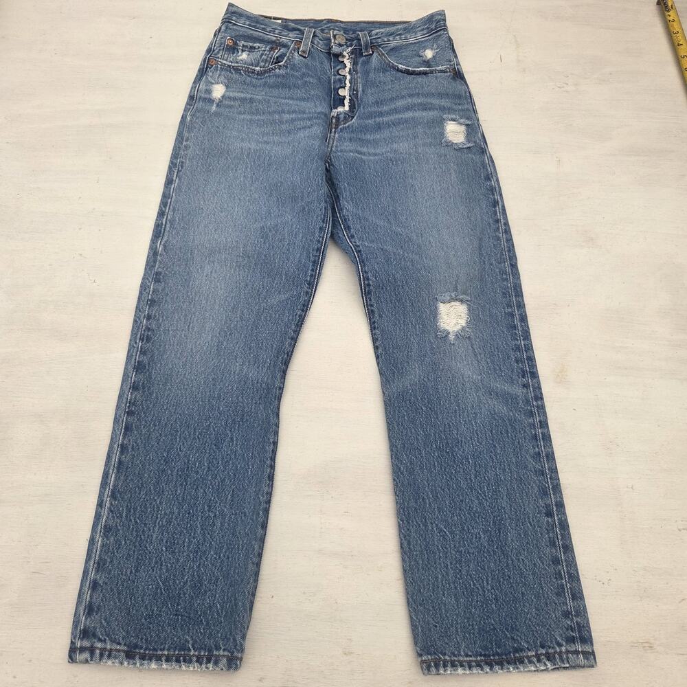 Levis 501 Big E Jeans 26x26 Blue Button Fly Straight Leg Womens Distressed